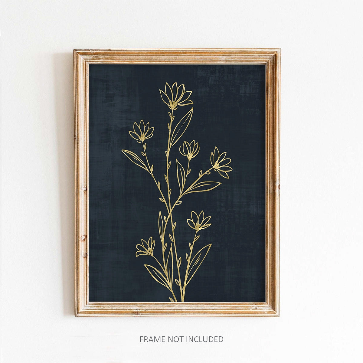 This beautiful art print features a simple gold flower on a moody, dark navy background. The Gold Flower with Dark Navy Backround Art Print is printed on high quality card stock with archival ink. Original art has been digitally retouched to preserve characteristics, grain and cracks. Image size: 8"L x 10"H. Frame not included.