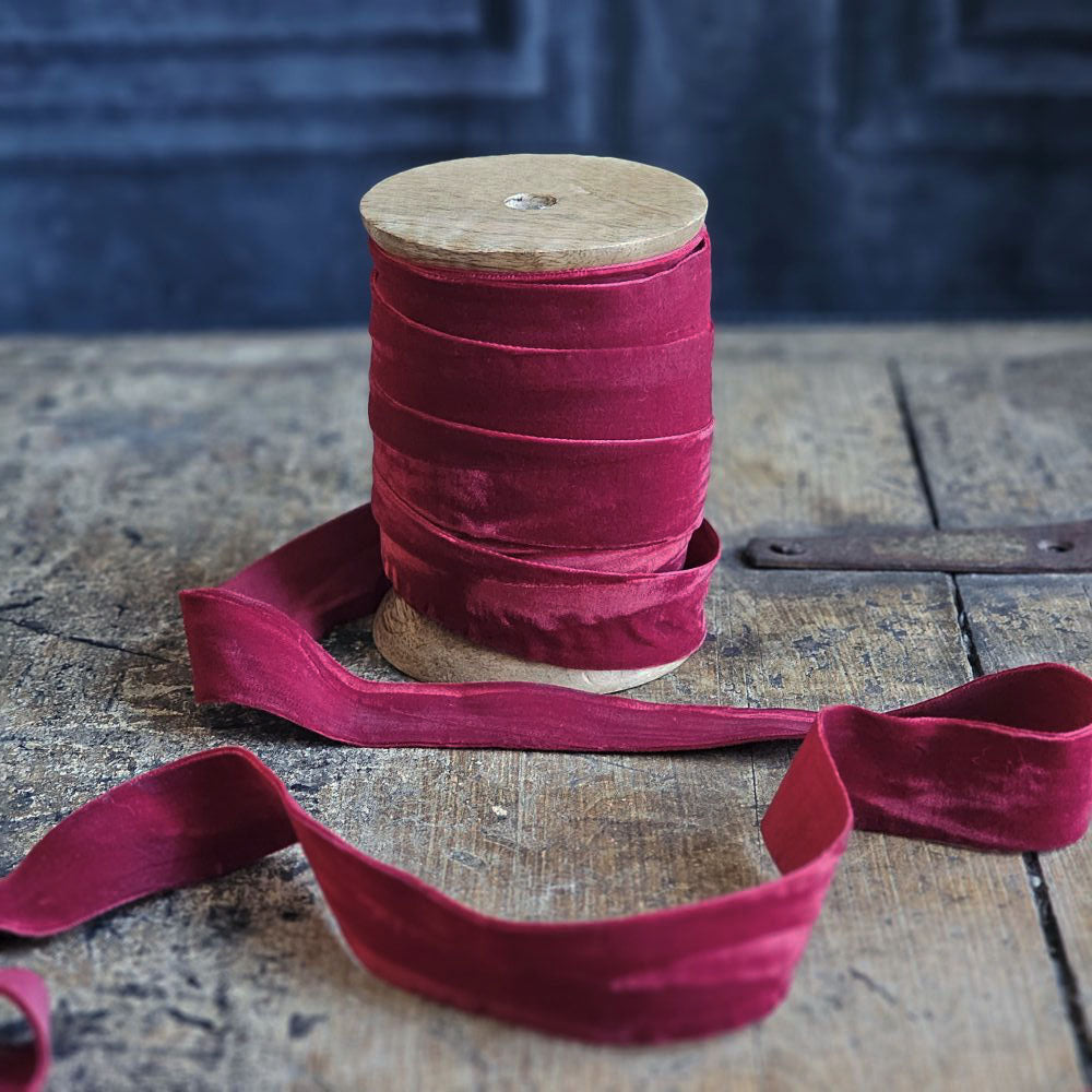 Dark Red Velvet Ribbon on Wood Spool Dispenser