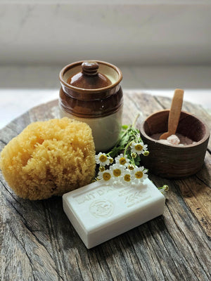 Natural Sea Sponge with Indian Pickle and Jam Jar and French Soap