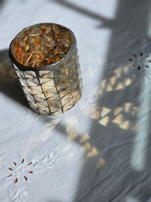 Mercury Glass Mosaic Candle Holder on White Embroidered Tablecloth
