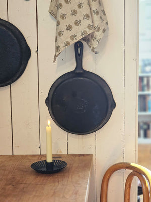 Distressed Black and Gold Tart Pan Taper Candle Holder