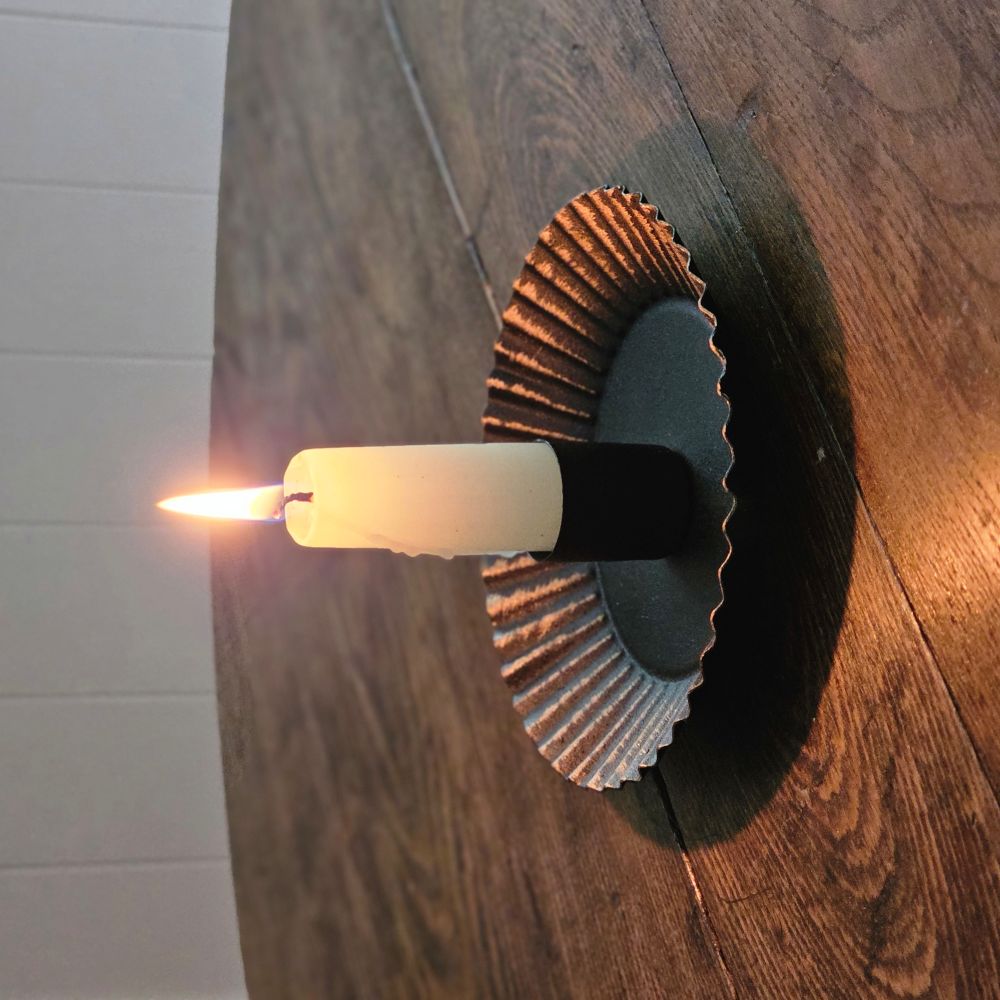 Distressed Black and Gold Tart Pan Taper Candle Holder