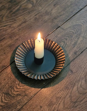 Distressed Black and Gold Tart Pan Taper Candle Holder