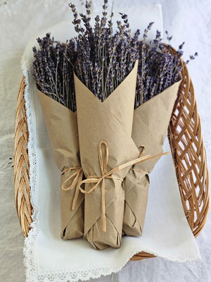 Dried Lavender with White Lace Napkin in Braided Tray basket