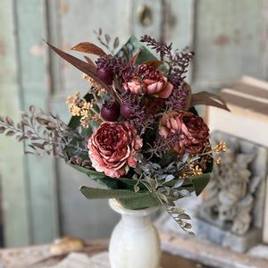 The Duchess Bouquet looks like it just came from the florist! &nbsp;Blooms in gorgeous shades are enhanced with the addition of berries, sprigs of tiny bubble berries and seed heads, colorful leaves, and sprigs of trailing greenery. The Duchess Bouquet is infused with the warmth of the season. The lushly layered colors and textures in this faux floral bouquet add an elegant touch to any room. This showy bouquet, in gorgeous tonal colors, makes a grand statement in displays