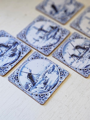 Dutch Delft Blue Faux Tile Windmill Coasters