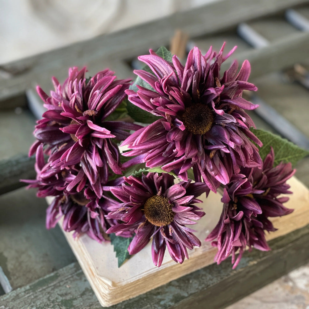 Add rich, moody style to your home with our Eggplant Spider Mum Bundle. Designed with real-touch technology, the lushly layered petals have a supple true-to-life look. This bouquet comprises five faux mum stems with fresh green foliage. The flowers stand 12 inches tall and have a deep eggplant color and an old-world beauty.