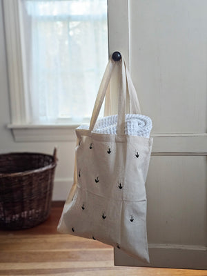 The Embroidered Tulip Tote Bag is perfect for groceries, shopping excursions or a day at the beach. Handmade White Embroidered tulips with dark green stems make this tote bag a charming option for daily use.100% cotton. Machine wash. Embroidered in the USA. 14.5 x 14.5in Tote bag with 10.5 in handles