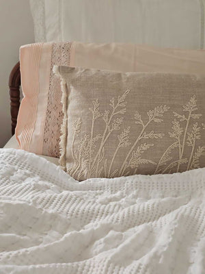 Embroidered Meadow Grass Pillow with Peach Crochet Lace Pillowcase