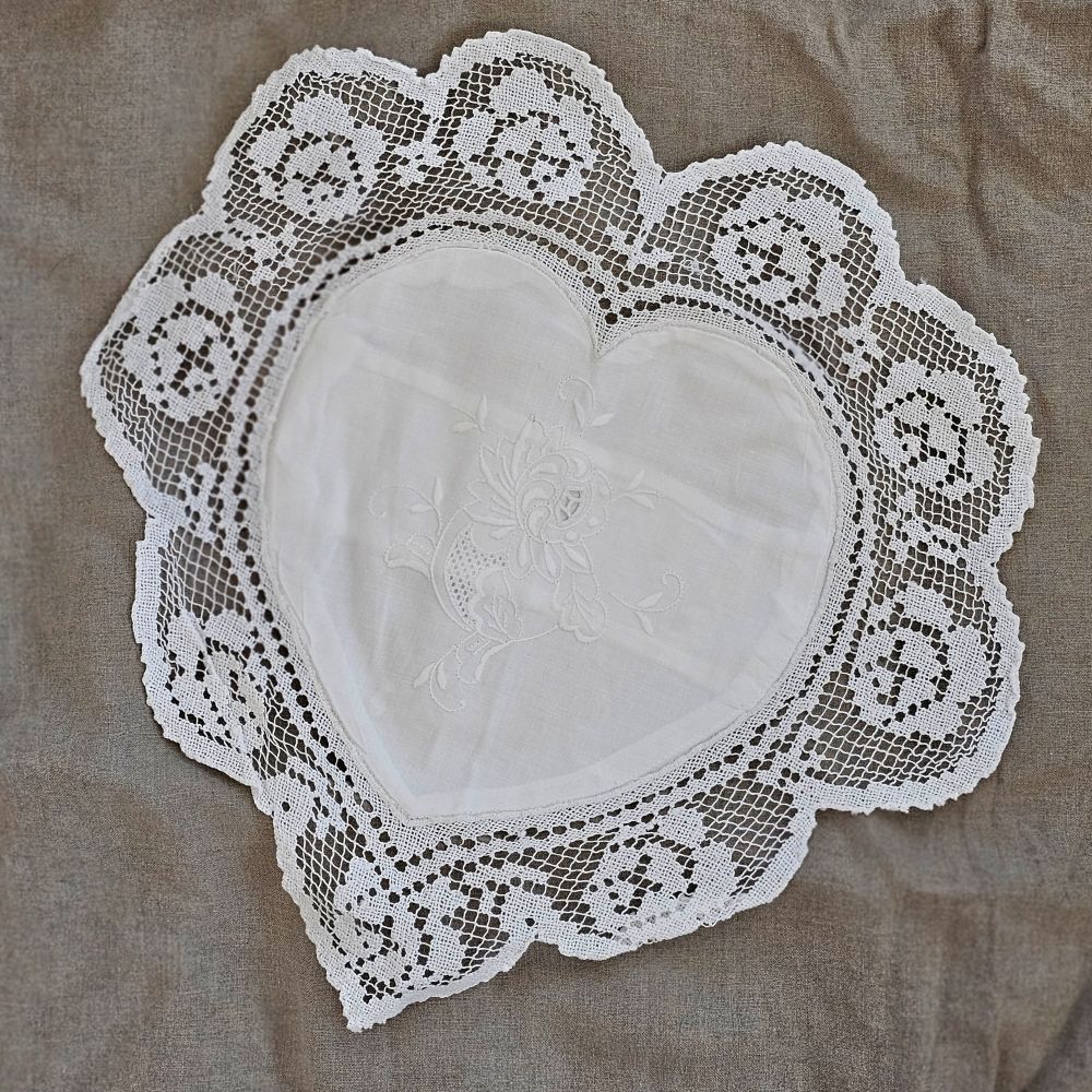 Embroidery and Lace Heart Pillow Cover