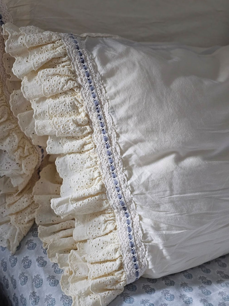 Eyelet Ruffles with Blue Velvet Ribbon Pillowcase, Set of 2 - Farmhouse ...