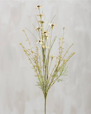 Farmhouse cottage style is made easy with our Faded Meadow Flower Spray. This faux flower spray features tea stained creamy beige fabric petals with dark burgundy pistil centers for a realistic touch. Faded tan-green leaves on a green stem complete this floral. The stem is long, slender, and flexible and is easily shaped for a desired look. 