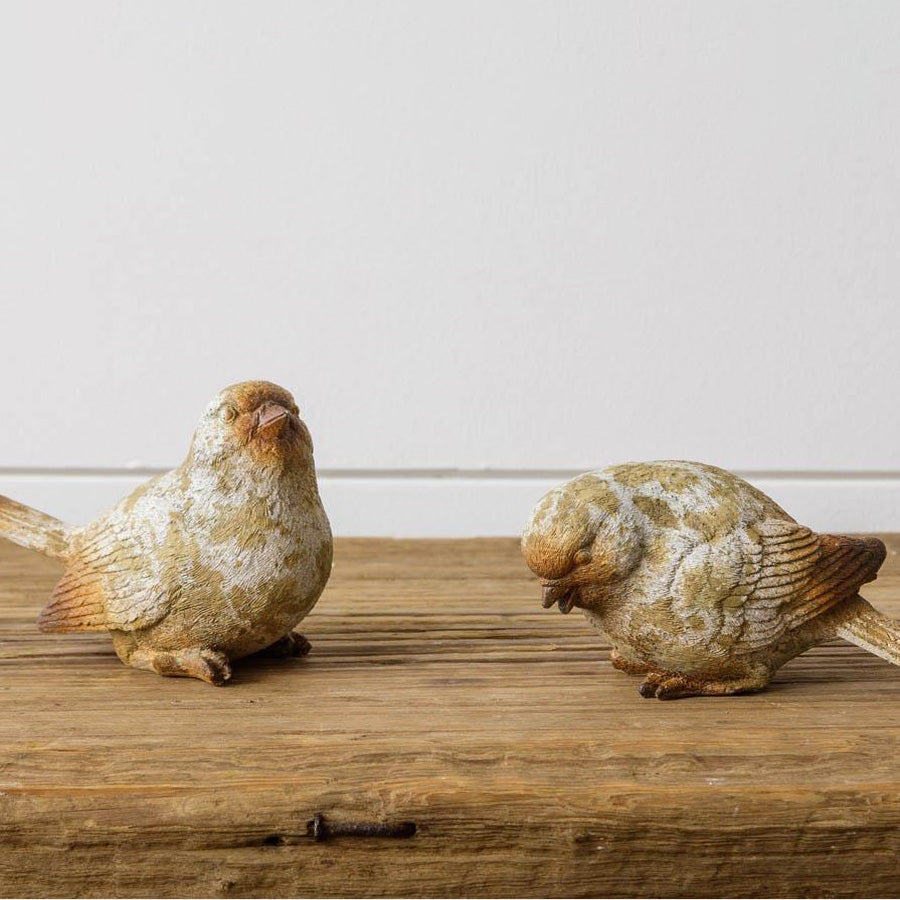 This Feathered Friends Bird Figurines Set adds a sweet touch to shelves and tabletops. Made of resin, each bird statue features beautiful detail and an aged, well-weathered look. Let these little birds brighten your day as you find it tucked away or on display. Set of two.