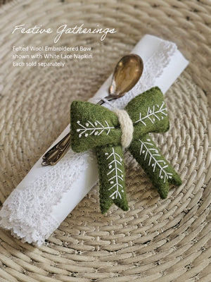 Felted Wool and Embroidered Bow Ornament with White Lace Napkin
