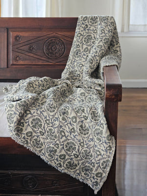 Made from thick, double woven cotton layers, our Foggy Meadow Block Print Style Throw Blanket offers a relaxed cottage feel. Its gauze-like cotton layers offer visual texture and a cloud-like softness. Features a block print style botanical design in muddied blues, greens and greys that bring that sought after sense of calm to the home. The backside is a solid light oatmeal color. With a laid-back vintage feel, it has a look and feel that exudes comfort, style, and ease. Machine Washable.