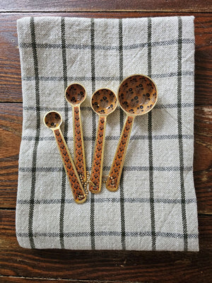 Mustard Block Print Enameled Measuring Spoon Set with Forest Green and Flax Check Kitchen Towels, Rustic Kitchen Decor