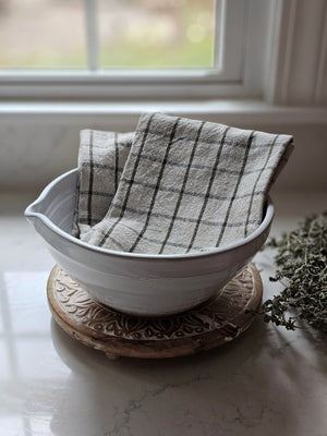 Forest Green and Flax Check Kitchen Towels with White Farmhouse Mixing Bowl