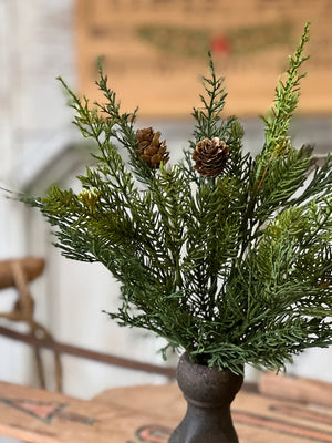 Our Forest Green Pine Pick, Featuring lovely shades of green and a peppering of pine cones, makes a gorgeously versatile addition to any display. makes a great filler for baskets and holiday arrangements. The Forest Pine Pick brings fresh, earthy greenery to your farmhouse decor. Perfect for adding cabin style or a rustic twist, this realistic greenery with pine cone accents provides a charming decorative accent all year long.