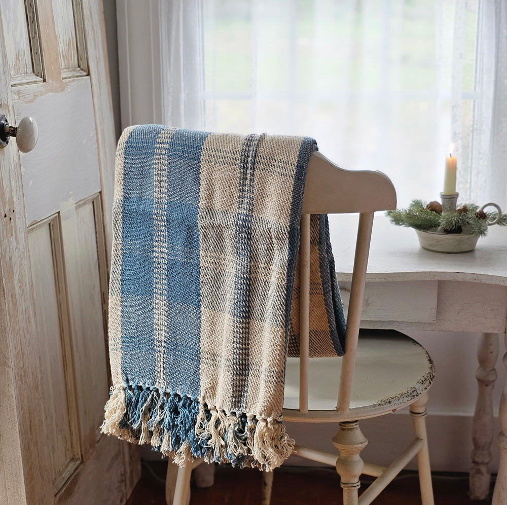 Cottage Blue Gingham and Block Print Tea Towel Set - Farmhouse Wares