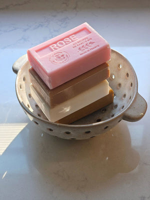 French Soap in Rustic Ceramic Colander Bowl
