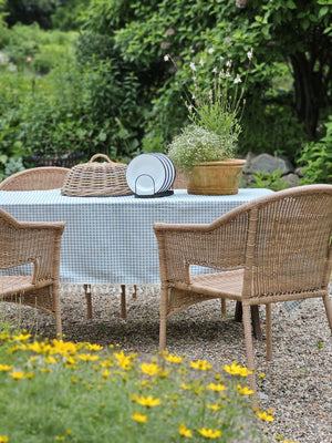 French Blue Gingham Tablecloth with Tassel Trim