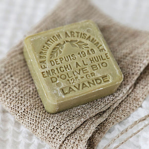 This authentic 100% natural and organic french soaps are made with pure olive oil.&nbsp; The Lavender French Soap Bar fills the air with a fresh, clean aroma as you soothe and soften skin with nurturing olive oil. Each soap is stamped for added beauty. Fill a jar and create a beautiful accent for your bath. Includes one bar. 4.41oz