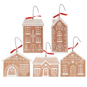 This Gingerbread Dutch Village Ornament Set makes a cheerful holiday accent. The set of five decorative ornaments comes in the shape of various gingerbread house designs. These seasonal ornaments feature natural wood with white color designs to give the appearance of icing decorated gingerbread. Designs are made with textured resin for a snowy detail. Each gingerbread house ornament hangs for display via attached twisted wire hangers with red ribbon accents.