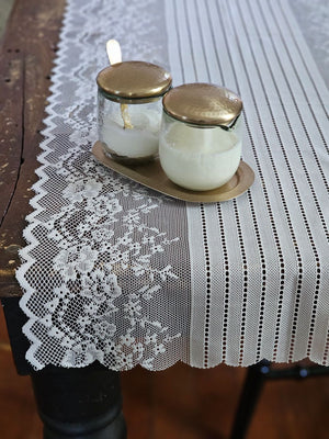 Glass Sugar and Creamer Set on White Lace Runner