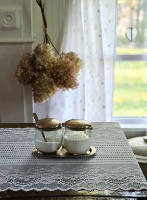 Glass Sugar and Creamer Set on White Lace Runner