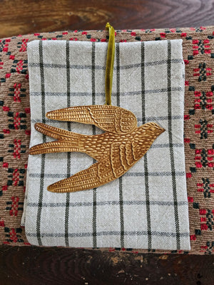 Gold Spirit Bird Ornament on Forest Green and Flax Towel, Gold Bird, Gold Metal Bird Ornament