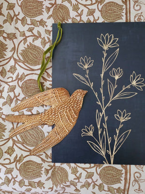 Add a magical touch to any room with our Golden Spirit Bird Ornament with Velvet Ribbon. The small gilded tin bird appears to float in the air as they hang from its velvet ribbon. Makes a beautiful gift topper or Christmas tree ornament. Approximately 6.5"L x 4"H