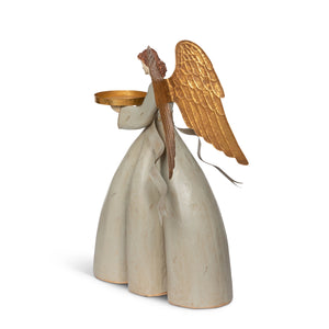 Introduce understated luxury to your decor with this Gold Wing Angel Candle Holder. Standing as a refined focal point, this sculptural piece marries functional candlelight with decorative sophistication. The aged gold winged design and chateau gray dress offer French country charm. This eye-catching piece evokes the timeless elegance of heirloom treasures, making it a distinguished choice for discerning collectors.