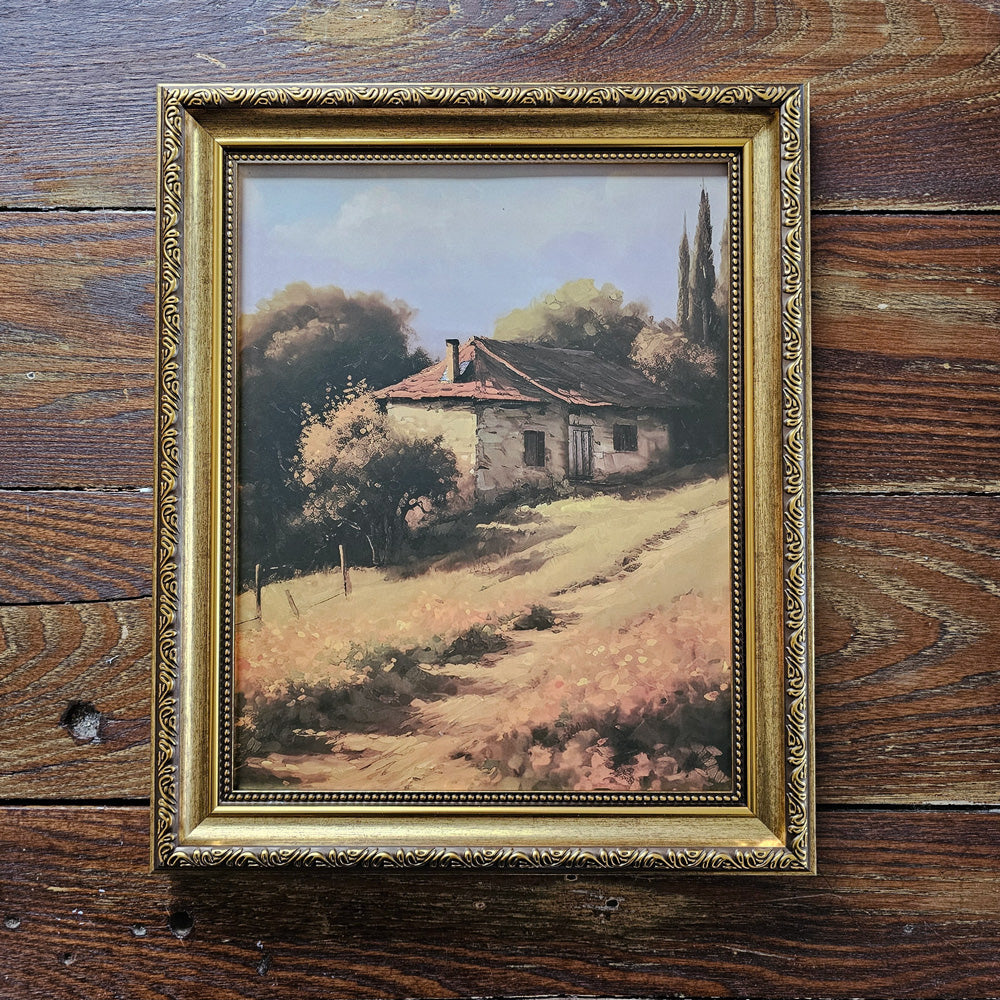<strong><span style="color: #854646;"></span></strong>Add an antique touch to any photo or print with this Golden Aged Frame. The frame holds an 8 x 10 image and can be hung or used on a tabletop, both vertically or horizontally. Made of PS material, the frame features a wood-like feel, but is much lighter. Features detailed molding and an aged finish. Glass is 8" x 10".Overall size is: 9.92" x 11.88" <strong>FRAME ONLY</strong>. (sold with image of stone house) Prints sold separately.