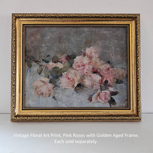 Vintage Floral Art Print Pink Roses with Golden Aged Frame
