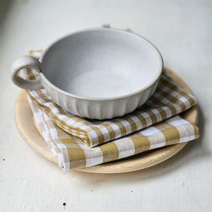 Rustic Ceramic White Bowl with Golden Wheat Gingham Towels