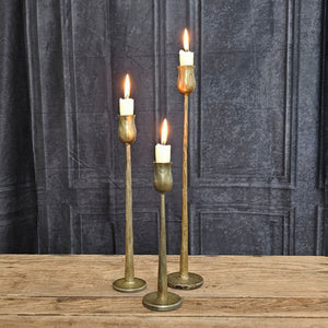 Our Antiqued Brass Taper Candle Holder Set lends simple elegance to any occasion. This set of three taper candle holders feature a slender, classic design. The old brass style finish has a time-worn patina, inspired by antique shop finds. Add to a bookshelf, bedside table, or create a stunning centerpiece on a long farm table by weaving a few among a garland of greenery. Holds regular tapers. Candles not included.