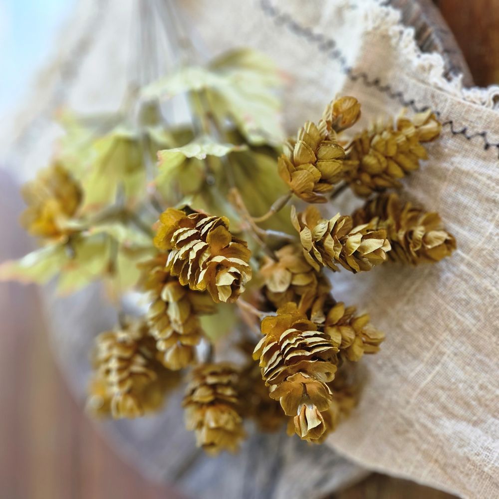 Let fall's warm vibrancy fill your farmhouse with this Golden Green Hops Bush. This faux floral pick is lush and packed with aged hops blossoms, making it an easy choice to fill any basket or vase. It features golden, green and brownish hues for an authentic faded appearance. The wire stems make it easy to shape to fit any vase or basket. Each pick is approximately 14”H.