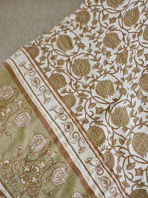 Enhance your guest room or reading corner with the elegant Golden Olive and Brown Block Print Quilted Throw. Showcasing a refined golden olive floral pattern accented in brown, it features a solid brown reverse side. Made from 100% cotton, this quilted throw offers both comfort and easy maintenance with machine wash-ability. Measuring 50”W x 60”H, it adds a touch of warmth and sophistication to any space.