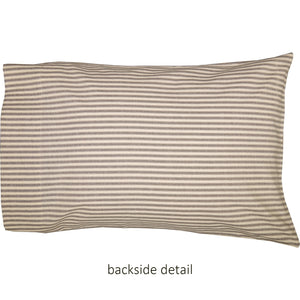 Add rustic and vintage farmhouse style to your bedroom with the Grain Sack Pillowcase, Set of Two. Features a dual-sided look for flexible styling. The front features stenciled, BUSHEL PECK FINE GRAINS CO. in grey on natural tan base. Each pillowcase reverses to a vintage ticking stripe in nickel grey and soft creme. 