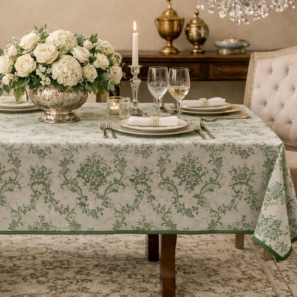 Our Green French Floral Tablecloth lends an easy elegance to any occasion. Features a pale green background with raised, darker green floral design and green trim. It creates an instant vintage feel inspired by old European farmhouse style. 