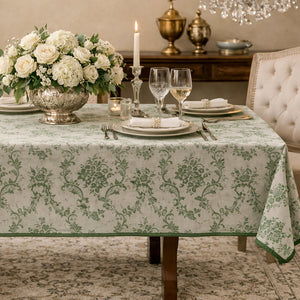 Our Green French Floral Tablecloth lends an easy elegance to any occasion. Features a pale green background with raised, darker green floral design and green trim. It creates an instant vintage feel inspired by old European farmhouse style. 