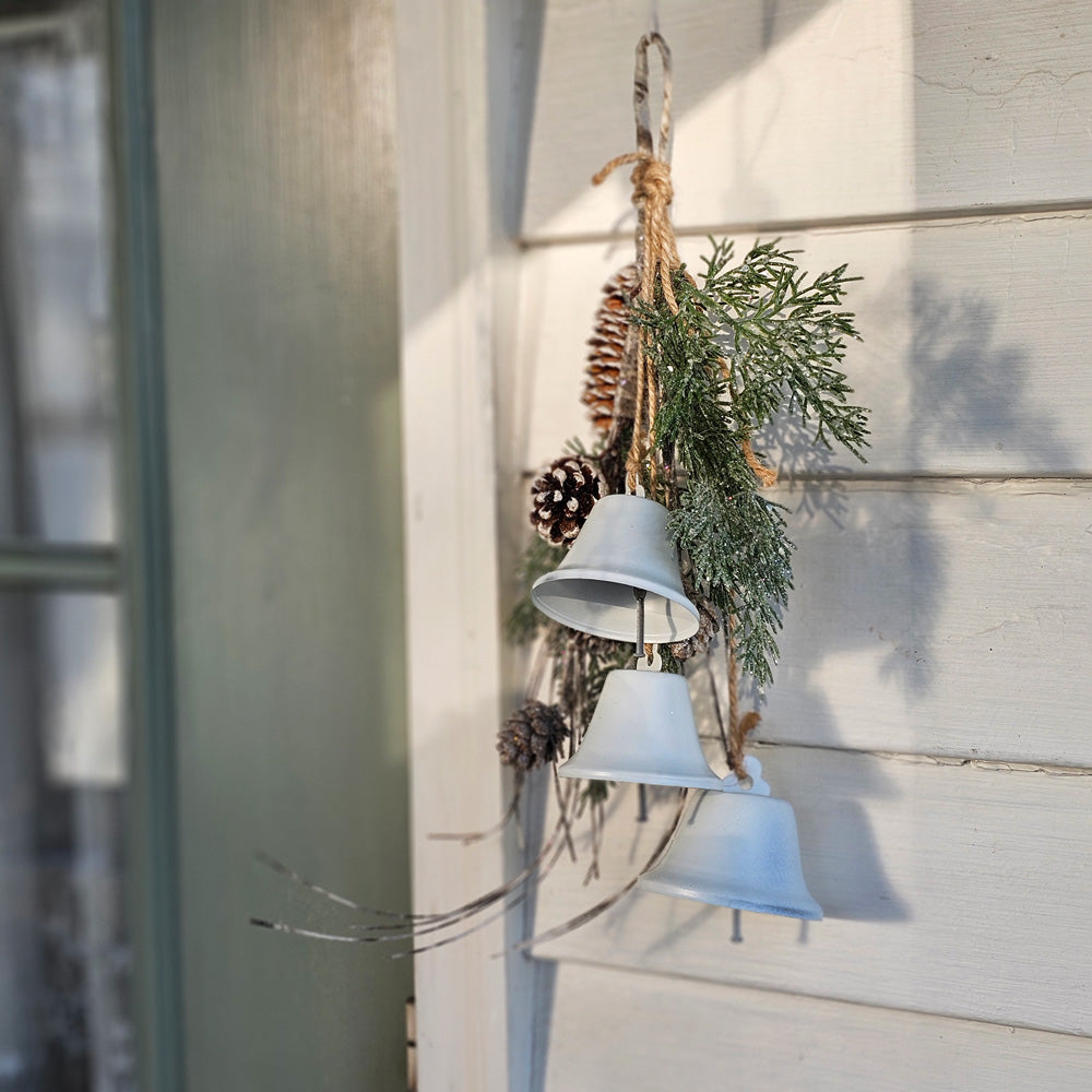 Hanging Bells with Snow Kissed Cedar and Pinecones - Farmhouse Wares