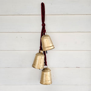 Add warmth and sparkle to your home decor with our Hanging Gold Bell Cluster with Velvet Ribbon. Each metal bell features a rustic feel with aged golden finish. The lush velvet ribbon hanging a dark maroon red. Add to wreaths and greenery or keep it simple by displaying them just as they are. Includes three bells.