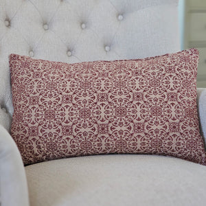 The Heritage Burgundy and Tan Pillow brings a timeless ambiance to any room. Adorned with a textured medallion design, this decorative throw pillow effortlessly adds warmth and character to your space with its old-world cottage charm. Whether you need lumbar support on your couch or a stylish cushion for your bed, this pillow seamlessly blends with any neutral color scheme and mixes and matches easily for a layered English cottage feel.