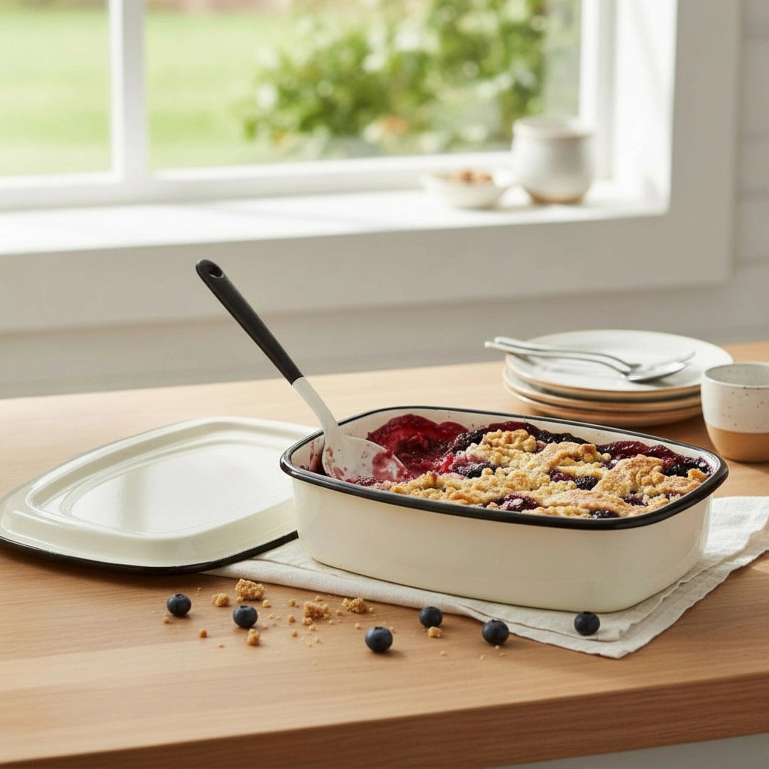 Enamel Storage Tray with Lid in Ivory with Black Trim