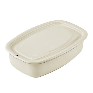 Enamel Storage Tray with Lid in Ivory with Black Trim