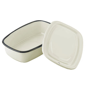 Enamel Storage Tray with Lid in Ivory with Black Trim