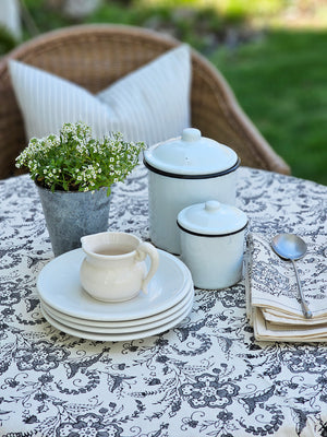 Create your signature look with our Ivy Slate Block Print Tablecloth and Napkin Collection. This collection features hand-printed cotton, using wood blocks carved with intricate designs. The beautiful slate colored ivy design pattern pops against the cream background. Crafted from 100% cotton, the tablecloth is available in two sizes and the napkins come as a set of four. 