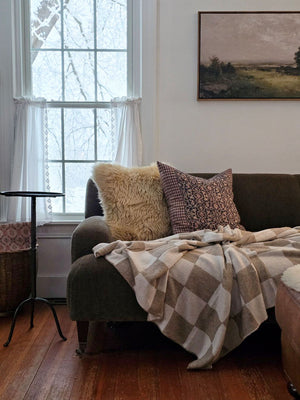 Knit Beige and Cream Checkered Throw Blanket