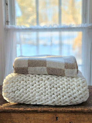 Knit Beige and Cream Checkered Throw Blanket